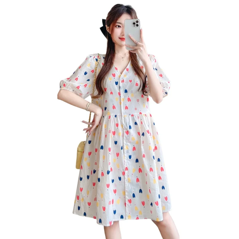 

Pregnant Woman Floral Dress for Women with Button Up and Breastfeeding Design Artistic and Retro Short Sleeves Summer Size M-2XL