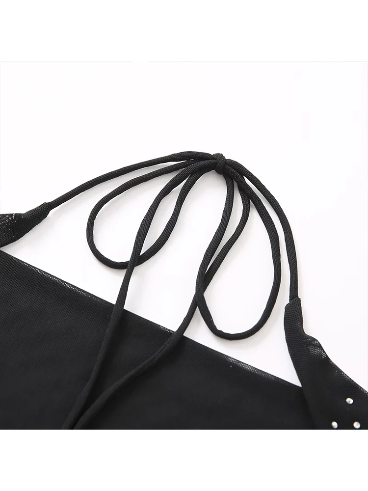  Women Open Back Halter Tops Deep V Neck Sleeveless Backless Tie Back Rhinestone Decoration Tops Sexy Sequin Glitter Streetwear