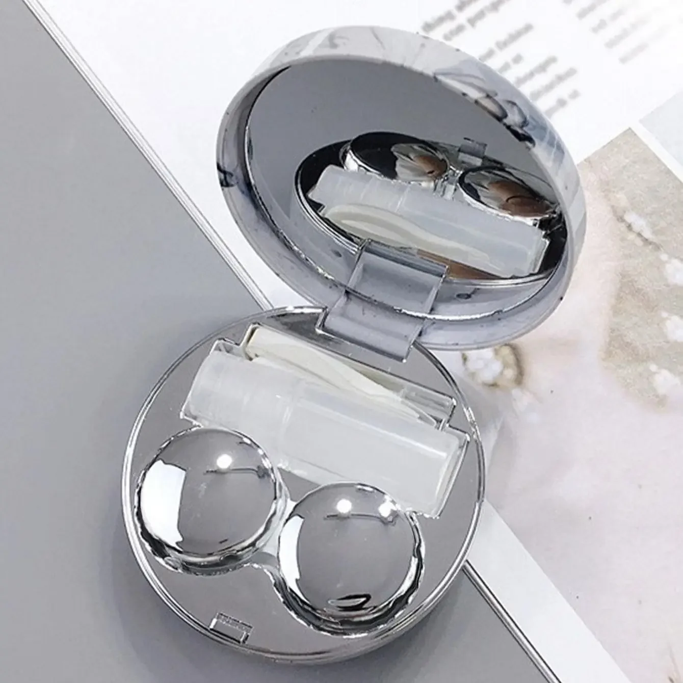 1PC - Round Marble Pattern Beauty Eye Contact Lens Box Dual Case Storage Lens Box Contact Lens Dual Case