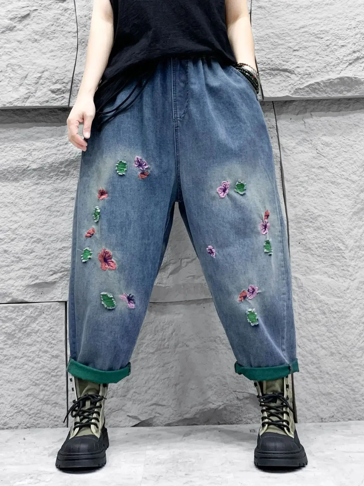 

Woman Vintage Ethnic Style Distressed Washed Elastic Waist Denim Harem Pants New Spring 2024 Fashion Straight Ankle-length Jeans