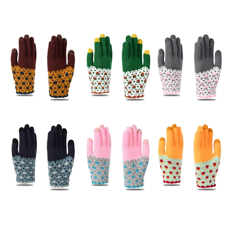 

New Touchscreen Full Finger Knitted Gloves Embroidered Flower Gloves with Fleece Lined Driving Riding Gloves for Outdoor