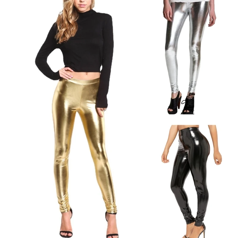 

Fashion Glitter PU Faux Leather Leggings Metallic High Waist Footless Tights Pants Wet Look Skinny Trousers for Women