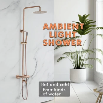 ระบบฝักบัวแบบเทอร์โมสแตติกสีโรสโกลด์ขัดเงา, ฝักบัวแบบเรนชาวเวอร์พร้อมหัวฉีดแบบมือถือ, ชุดก๊อกน้ำฝักบัวติดผนังแบบปุ่มควบคุมคู่ 2