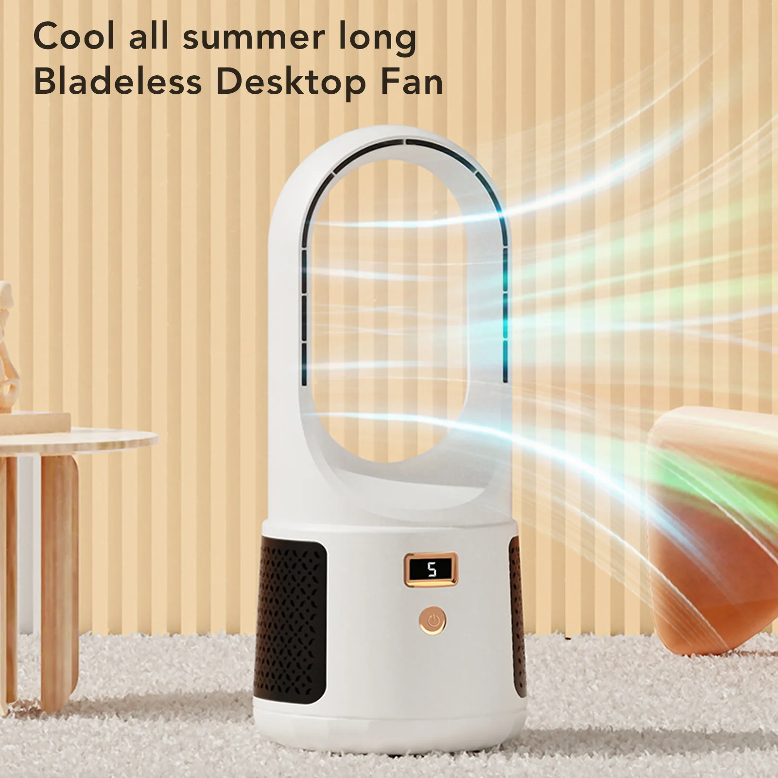 Portable Bladeless Desk Fan with Adjustable Speeds and Power Display