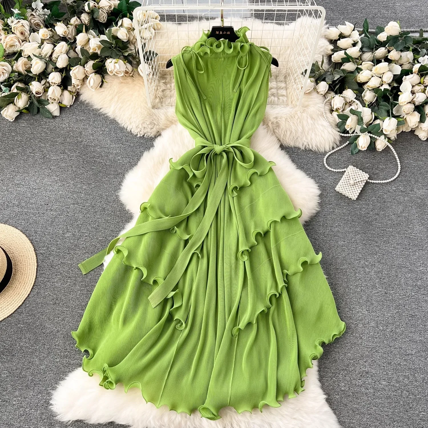 

New Miyake Oversized Loose Pleated Midi Dress Elegant Women's Ruffles Stand Collar Sleeveless Lace Up Waist Ball Gown Clothing