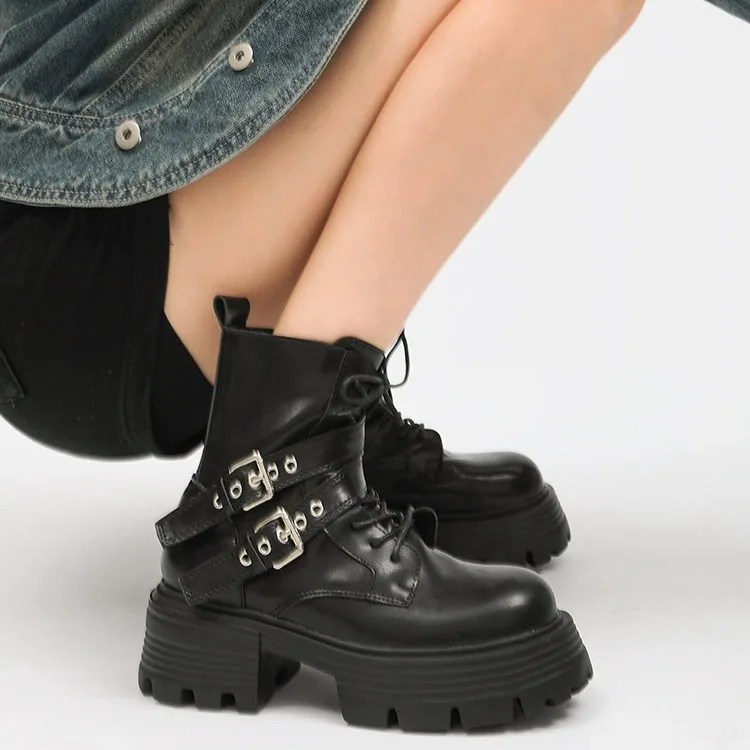 

British Style Thick Heel Lace-Up Boots Round Toe Double Buckle Rider Botines Platform Heightening Botas Femininas Women Shoes