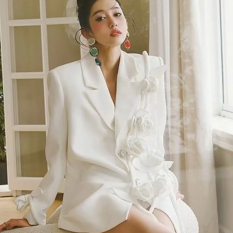 Plus Size 2024 All Season Elegant Women New Casual Fashion Long Sleeve 3d Rose Flower Appliques Button Loose Casual White Blazer