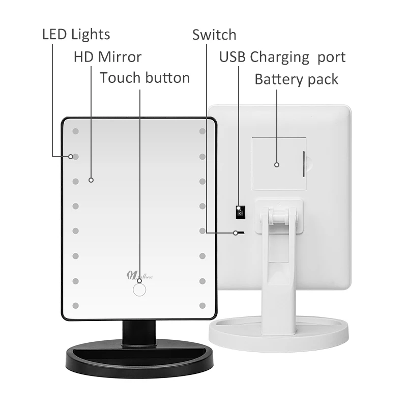 Missmeeca 테이블 LED 거울, 180 도 조명 메이크업 거울, 밝기 조절 가능, 메이크업 면도 드레싱