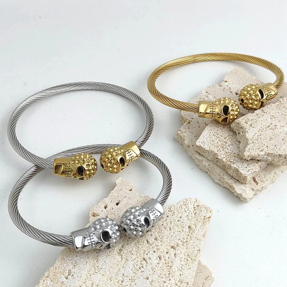 Wire button pattern skull stainless steel gold-plated 18K bracelet, high quality waterproof silver jewelry, gift for wife 6