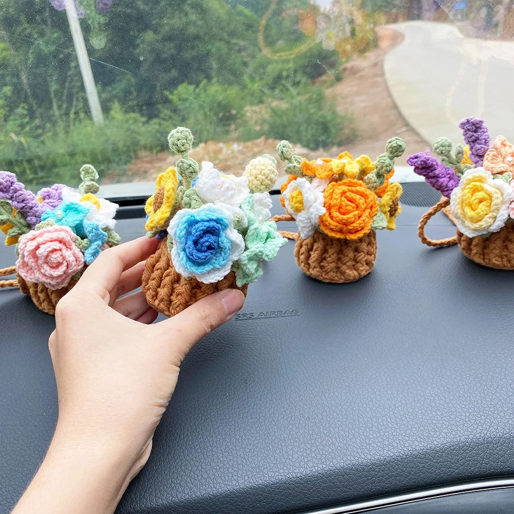 핸드메이드 크로셰 꽃 자동차 걸이식 식물, 귀여운 꽃 자동차 액세서리 장식, 십대 인테리어 백미러 걸이식 매력