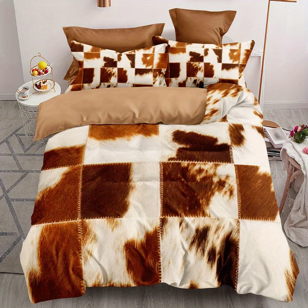 Fur Pattern Stitching Print Rustic Cowhide Style Bedding Set Soft Comfortable Duvet Cover For Bedroom Guest Room
