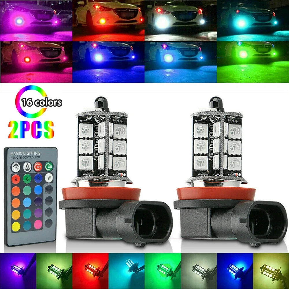 Bombilla LED antiniebla para coche, Chips RGB H8/H11 H7 H4, 5050 27SMD, cambio de Color, control remoto Aotu, lámpara de faro con 12V 24V, 2 uds.