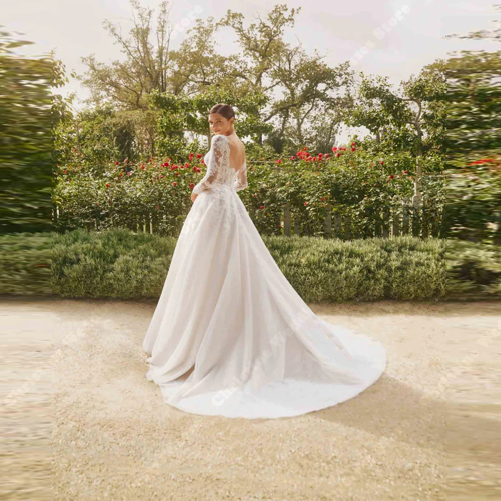 Round-Neck A-Line Women Wedding Dresses Elegant Lace Print Bridal Wedding Gowns Mopping Length Engagement Ball Vestidos De Noiva 2