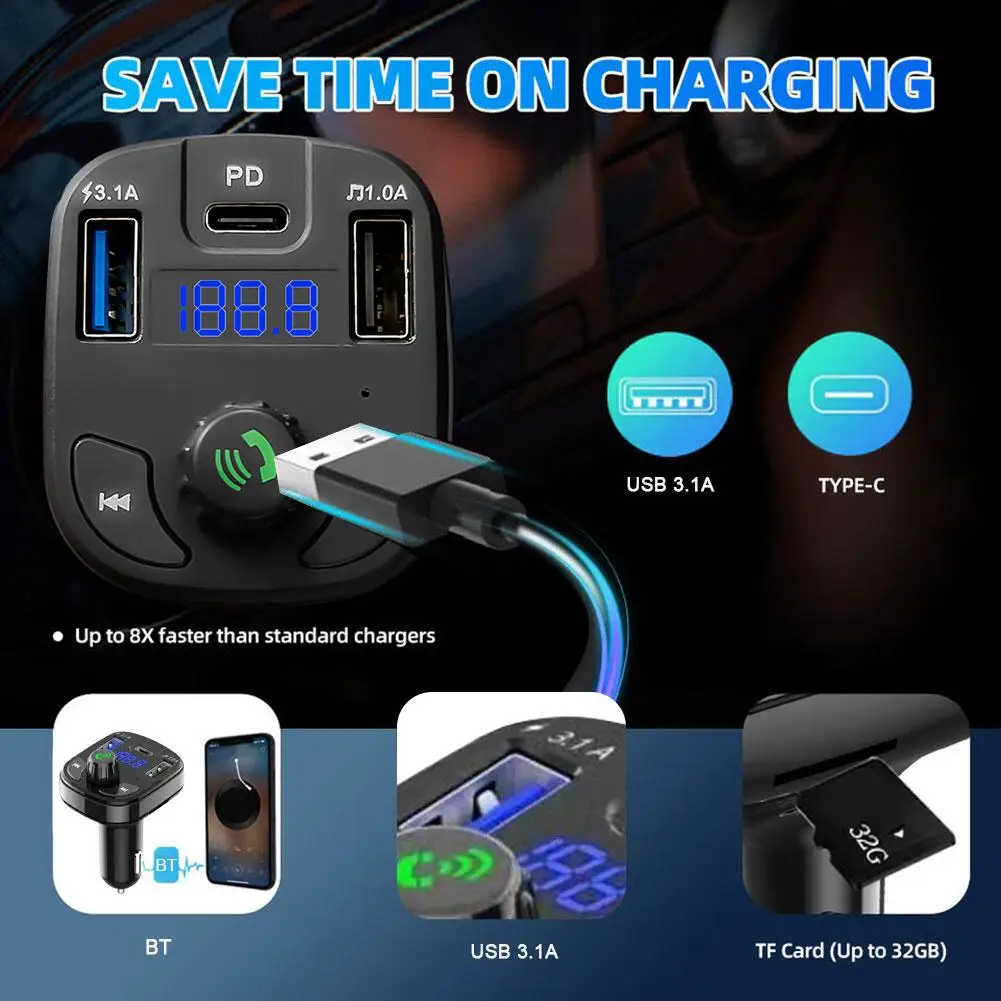 

1PCS Bluetooth Car Charger Car FM Transmitter Bluetooth Mp3 USB True Dual 3.1A Free Charging PD Port Hands W3Y0