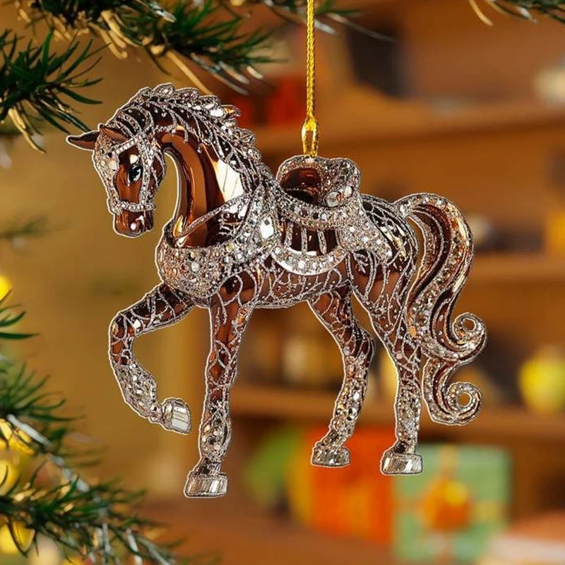 2D Acrylic Horse Car Rearview Mirror Pendant Charm Christmas Tree Ornament New Year Hanging Decoration