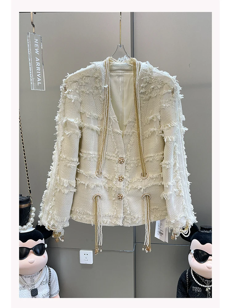 

HIGH STREET Newest 2024 Fashion Designer Jacket Women's Pearl Chain Tassel Tweed Jacket