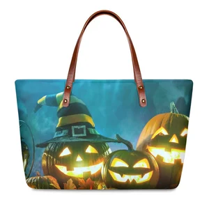 New Halloween Theme Pumpkin Lantern Print Tote Bag for Women Large Capacity Casual Shopping Shoulder Bag Fashion Party Handbags