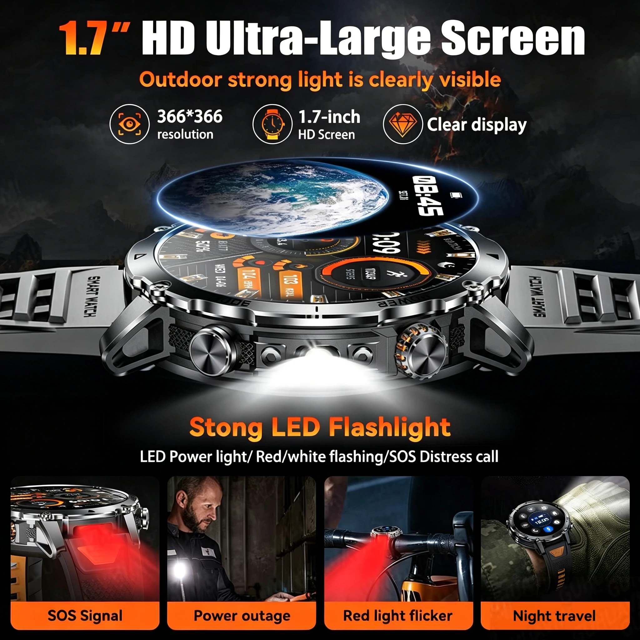 2026 New GPS1400mAh Extra-Large Battery SmartWatch Men Military Outdoor SOS Flashlight Waterproof Heart Rate Sports Smartwatch 5