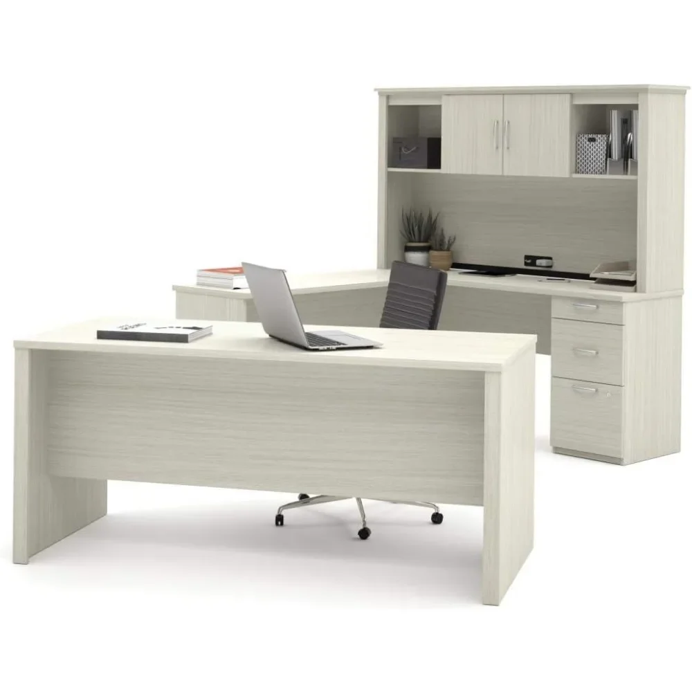 L-Shaped Executive Office Desk with Pedestal and Hutch，Desk with 3 Storage Cabinets， Executive Office Desk 5