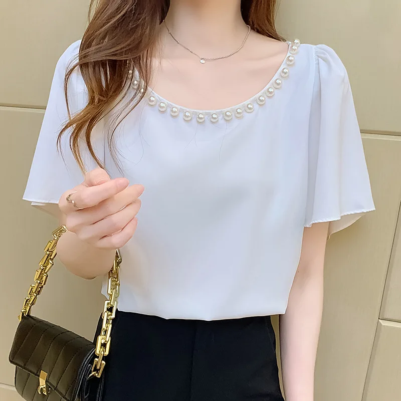 

Chiffon Top Summer Short Sleeve Solid Color Round Neck Pearl Fashion Women's Loose Casual Knit Pullover Knit Top T-Shirt