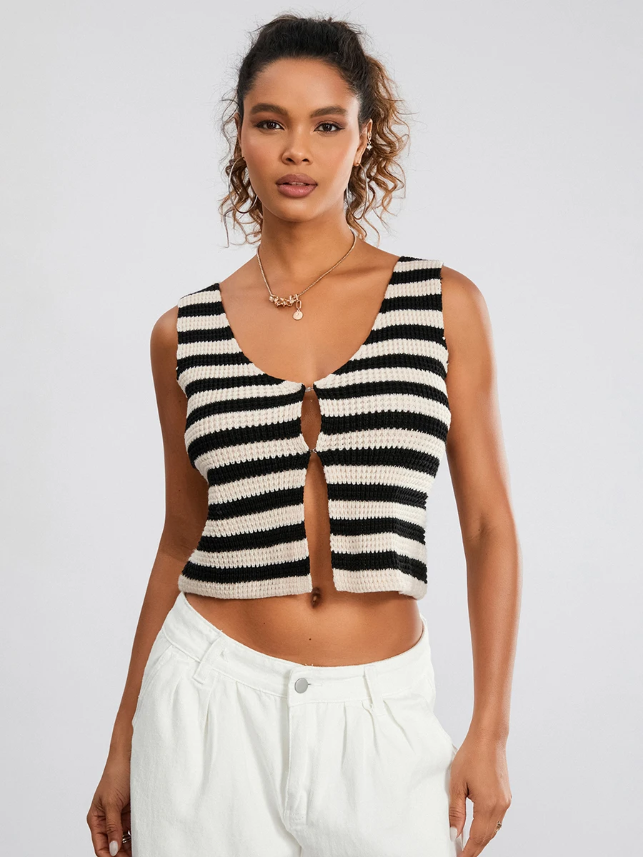 

Yoawdats Women Stripe Knit Top V Neck Sleeveless Front One Button Sweater Cami Pullovers Casual Tank Tops Y2K Streetwear