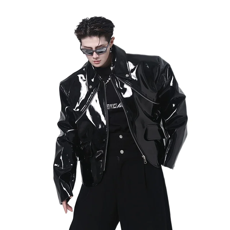

2023 New High Level Men's Glossy PU Leather Jacket Black Color Short Coat Fashion