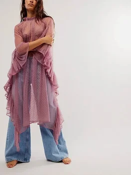 Women Sheer Ruffle Trim Poncho Top Oversized Full Sleeve Cover Up Long Cape Shawl Polka Dot See Through Flowy Dress 1