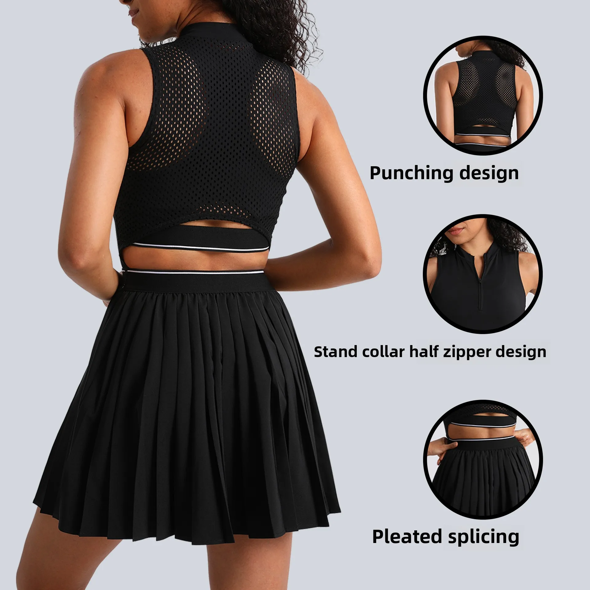 New Solid Color Lapel Beautiful Back Breathable Pleated Skirt Tennis Sports Running Fitness Yoga Clothes Tennis Dress Women