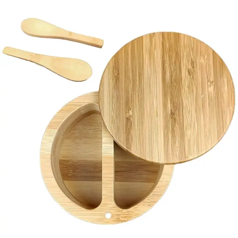 

Bamboo Salt And Pepper Bowl With Swivel Lid 2 Compartment Round Seasoning Storage Container For Salt Pepper Sugar Spices