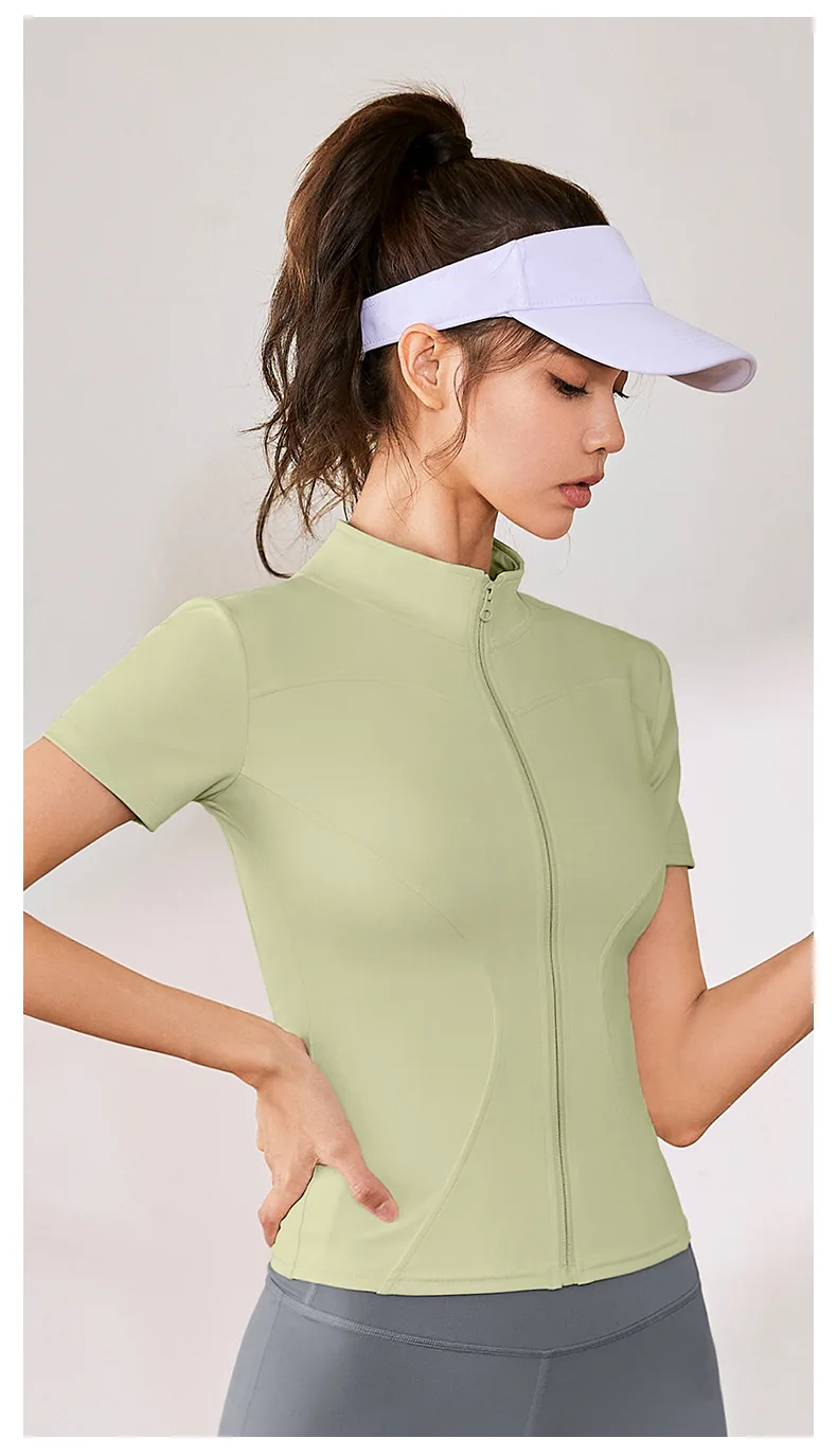 Sommer Hohe Qualität Taille Abnehmen Training Tops frauen Schnell trocknend Engen Stehkragen Voll Zipper Kurzen Ärmeln Yoga shirts – Detail 7