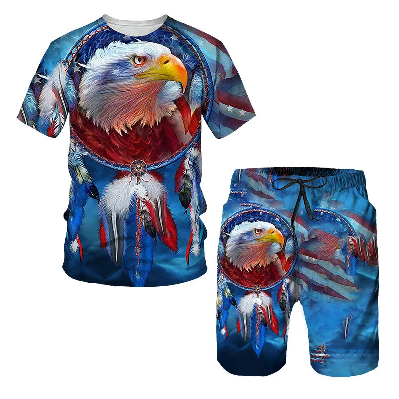 thumbnail image 1 of Nuevo conjunto de verano de manga corta con estampado 3D de águila del Día de la Independencia con relámpagos y arcoíris, conjunto de pantalones de playa de manga corta, 1 of 5