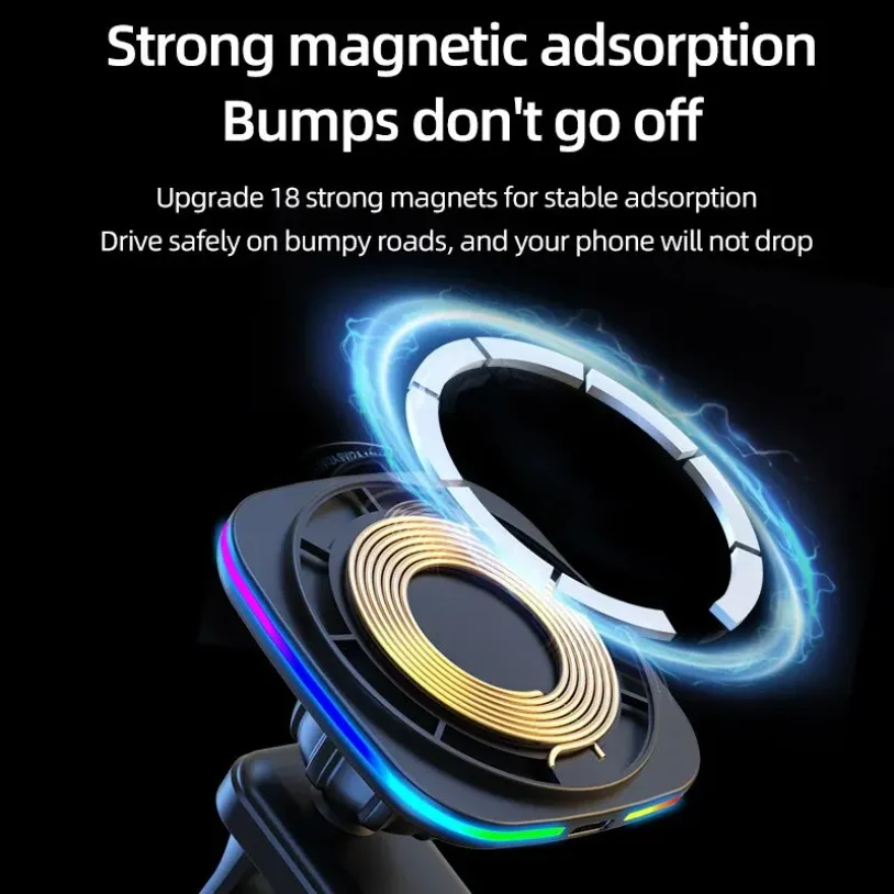 RGB Magnetic Car Phone Holder Stand 30W Wireless Charger Car Mount For iPhone 16-12 Pro Max Car Fast Charging Station Macsafe