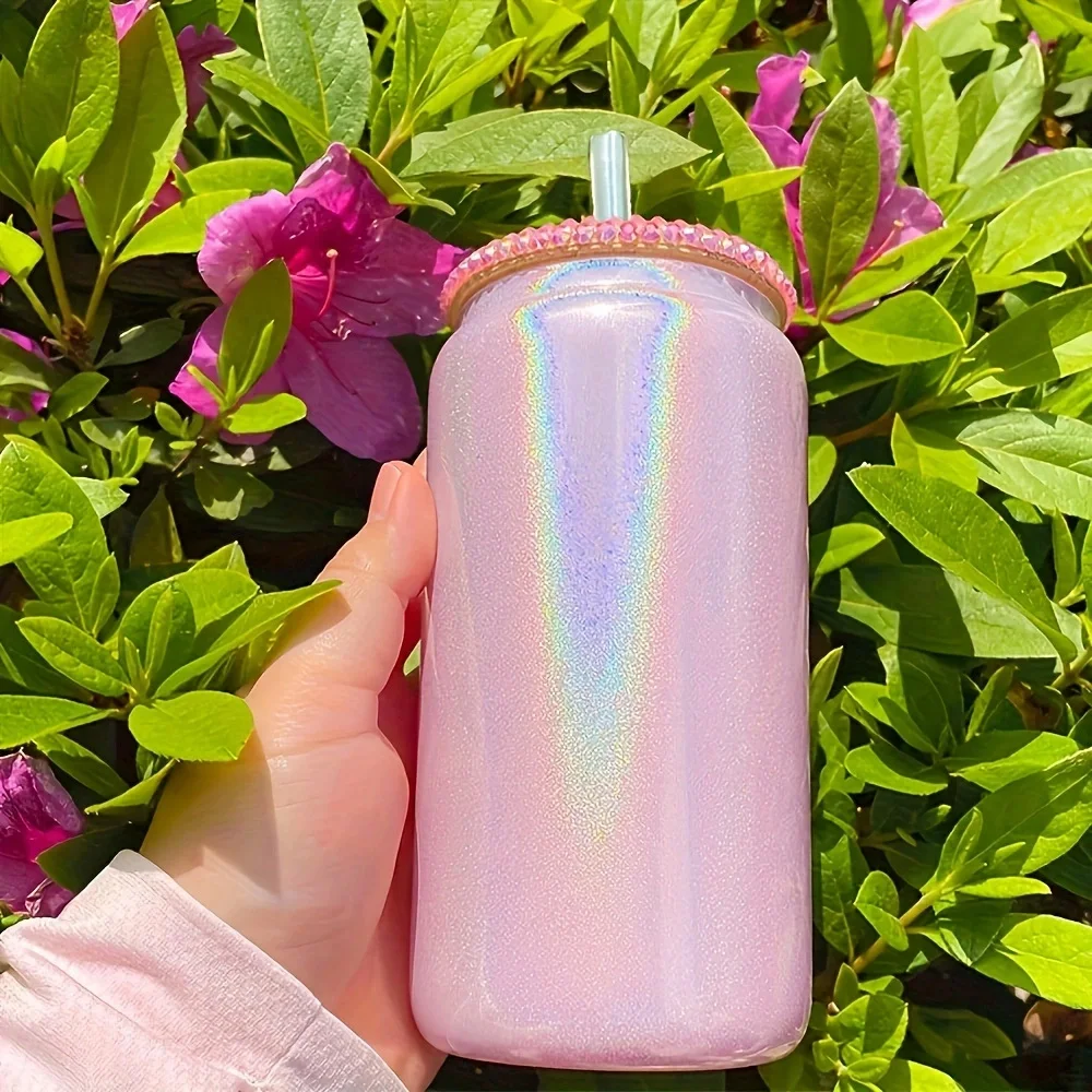 Double Wall Glass Cup 16oz Shimmer Glass Cup Sublimation Mason Glass Cups With Lid Straw Beer Glasses Summer Juice Coffee Cup