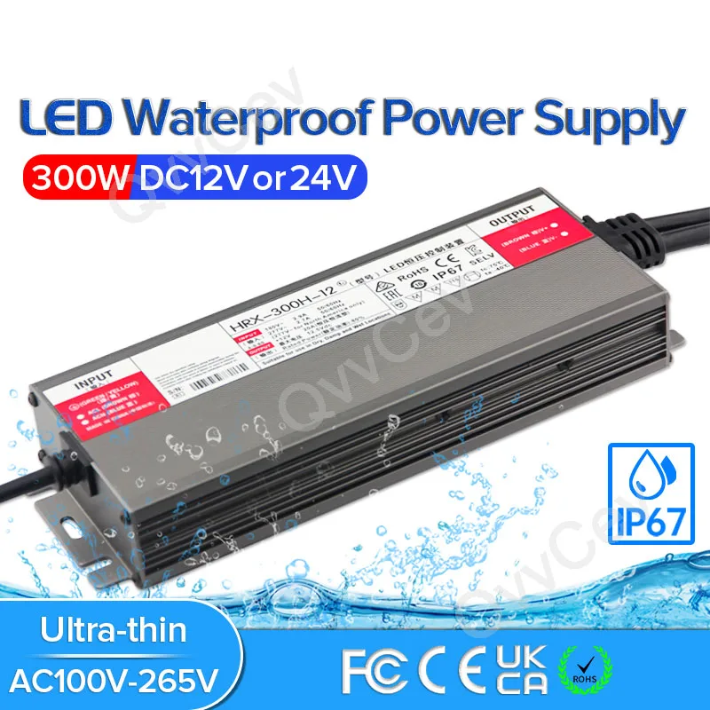 

300W LED Driver DC12V 24V IP67 Waterproof Lighting Transformers for Outdoor Lights Power Supply AC 175-265V 300W