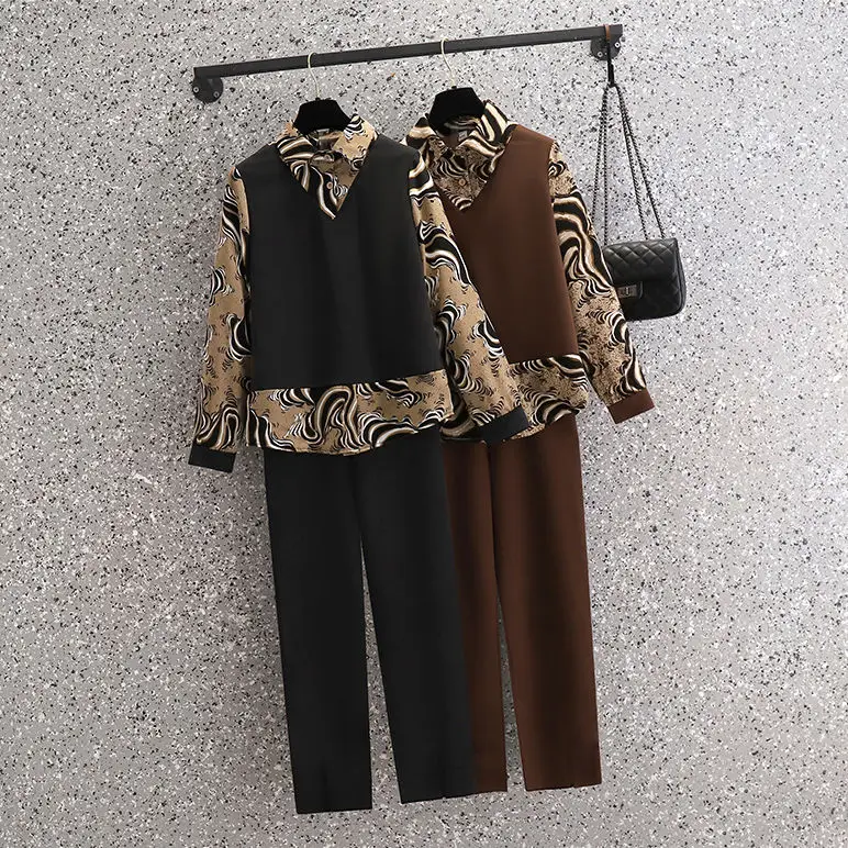 Vintage Water Wave Print Patchwork Chiffon Shirt Tops Casual Pants Two-piece Elegant Women's Pants Set Office Outfits Clothing