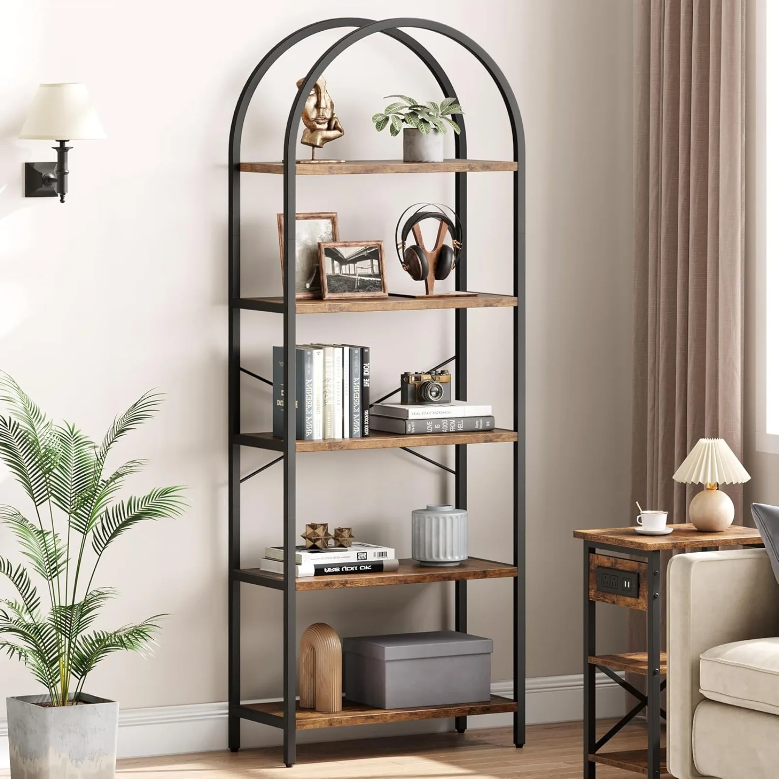 US  Bookshelf 5 Tier Bookcase Arched Display Racks Tall Standing Bookshelves Metal Frame Rustic Storage Rack Shelf Brown Book
