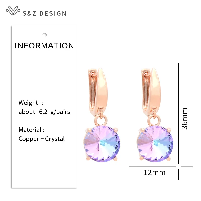 S&Z DESIGN New Colorful Round Large Crystal Dangle Earrings For Women Wedding Jewelry Fashion 585 Rose Gold Color Eardrop Gift
