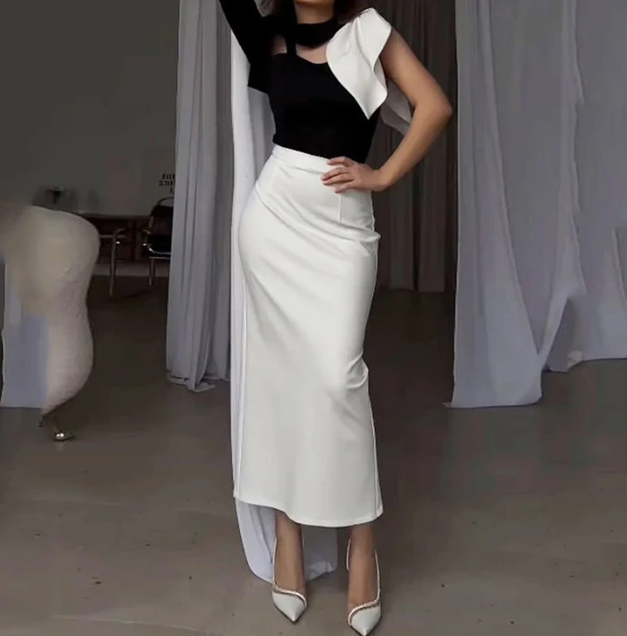 Gentle Style Fashion 2024 Women's Medium Length Skirt Spring Summer Pockets New One Shoulder Elegant Solid Three Piece Set elegant temperament 2024 spring summer two piece medium length skirt women s long sleeved top high waisted commuting skirt set