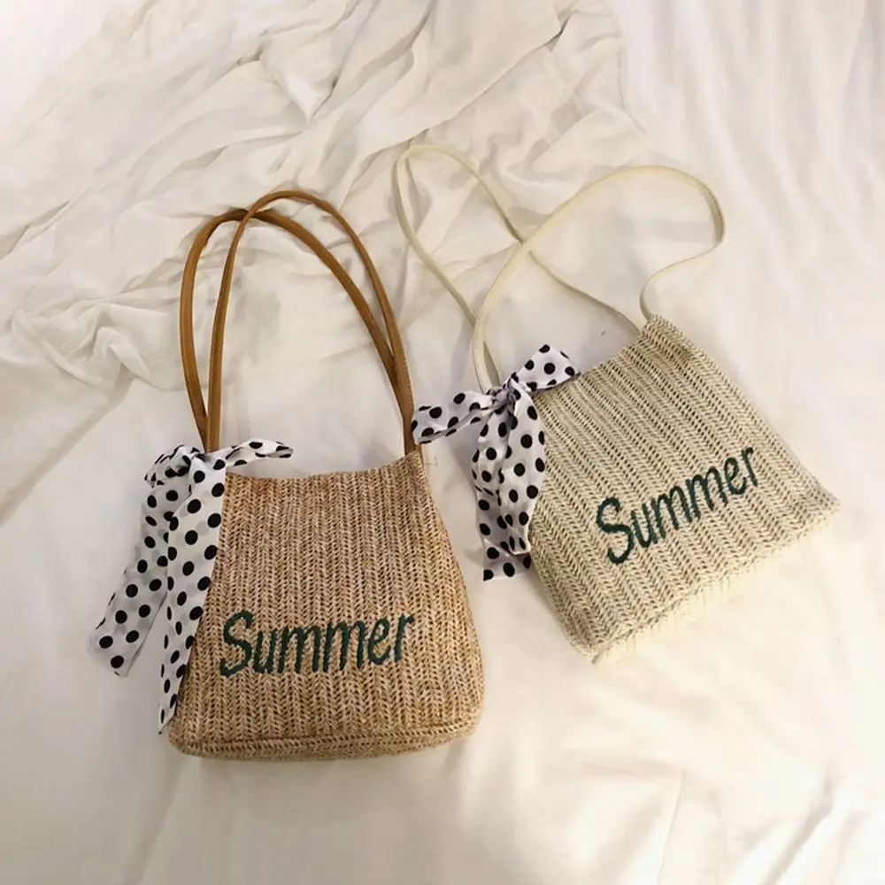 Summer Silk Scarf Decorative Straw Crossbody Bag Women Beach Holiday Shopping Woven Shoulder Handbag Messenger Purses