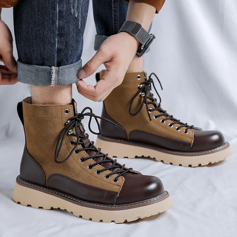 

British style men fashion original leather boots brown platform shoes cowboy tooling work boot outdoors desert ankle botas mans