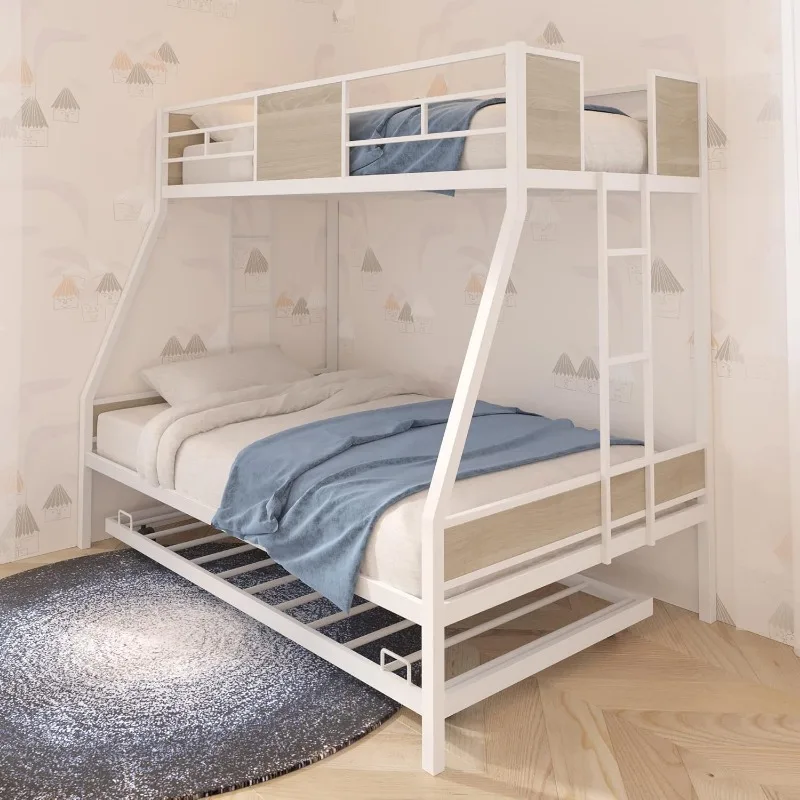 Twin Over Full Bunk Beds with Trundle Bed,Heavy Duty Metal Bed Frame with Safety Rail 2 Side Ladders for Boys Girls Adults