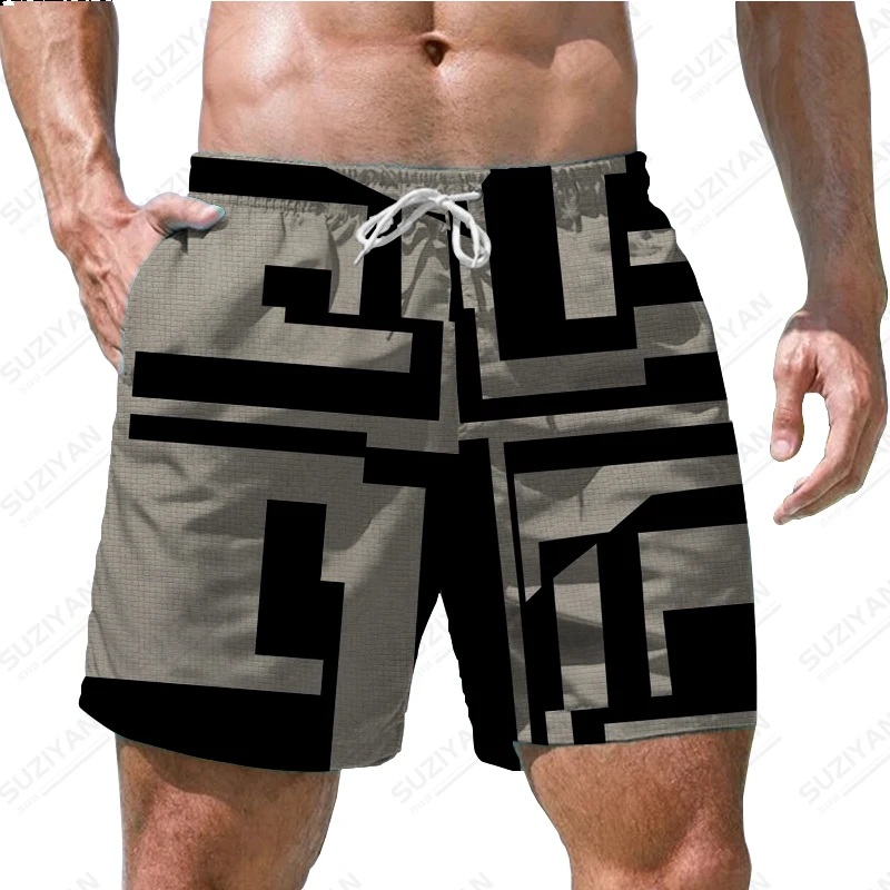 Summer New Men's Shorts Beach Pants Stripe Panel 3D Printing Hawaiian Leisure Beach Style Men's Drawstring Home Sports Shorts