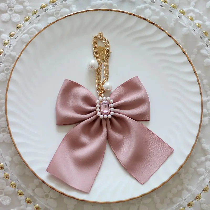 Japanese Maiden Pearl Rhinestone Bow Bag Charms Handmade Fantasy Bag Hanging Chain Pendant Lolita Women Bag Pendant