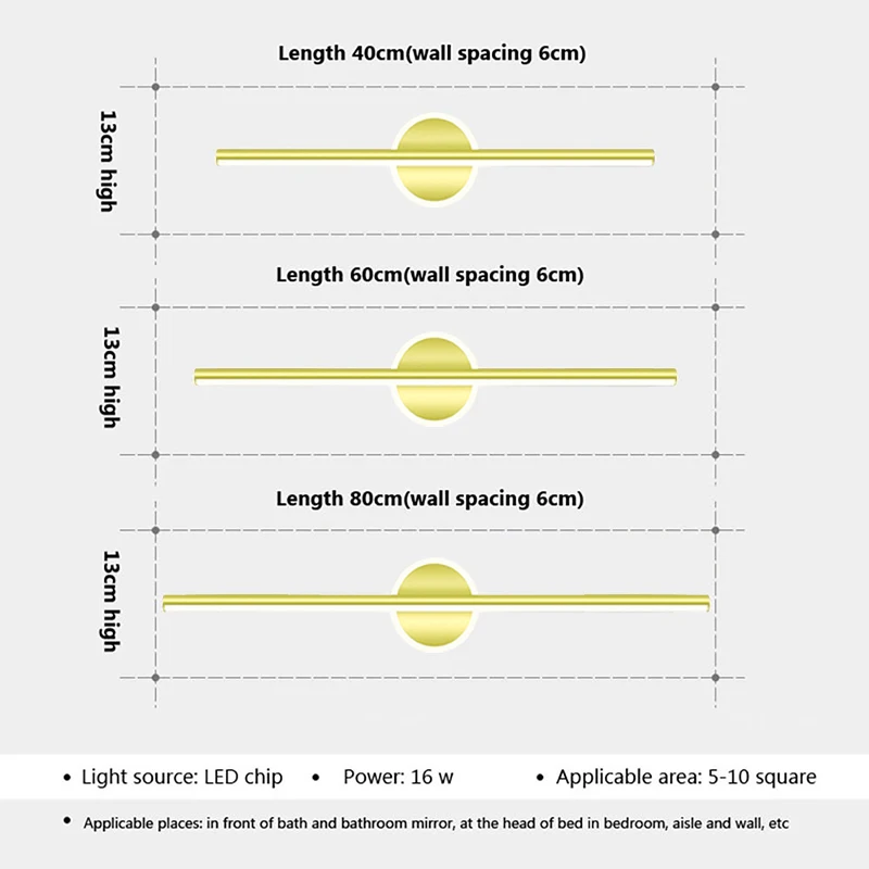 Modern LED Wall Lamp 40/60cm Mirror Light Bathroom Toilet Black Gold Long Strip Fixture Home Decor Led Lighting Lamps Lustre 4