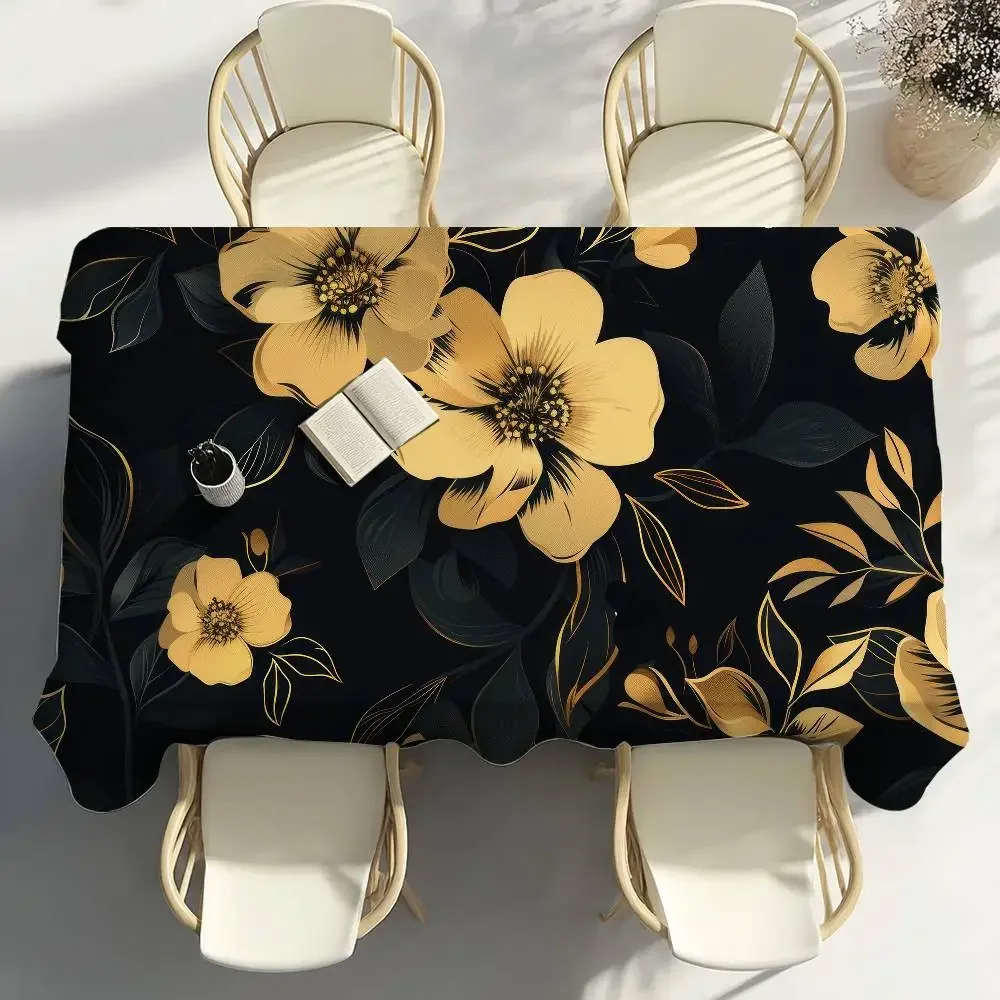 Black Gold Pattern Flower Table Cloth Party Decor Dining Room Home Kitchen Patios Waterproof Stain-Proof Table Cloth 1