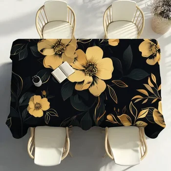 Black Gold Pattern Flower Table Cloth Party Decor Dining Room Home Kitchen Patios Waterproof Stain-Proof Table Cloth 1