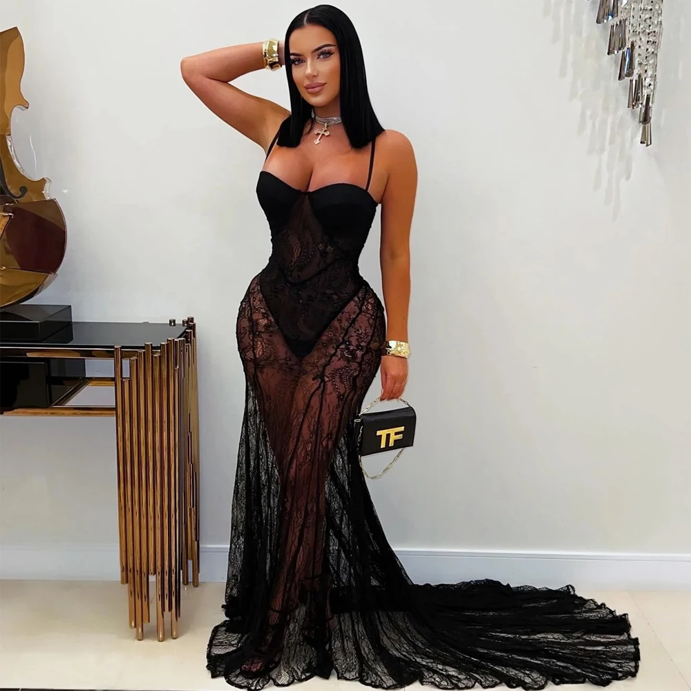 Elegant Women's Sheer Lace Maxi Dress – Sexy Sling Straps for Parties and Celebrations