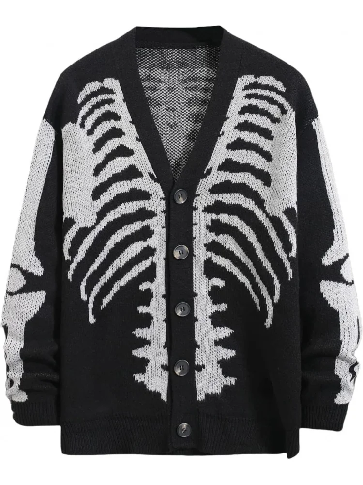 Men's Skeleton Pattern Cardigan Sweaters, Gothic  Long Sleeve Unisex Outwear Knitted Coats