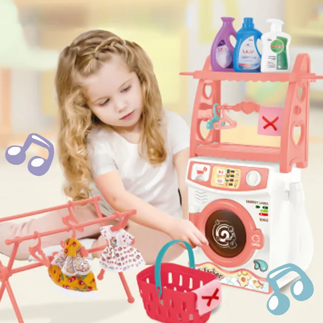Children's pretend play house toy simulation electric rotatable washing machine light music toy set girl children's gift 5