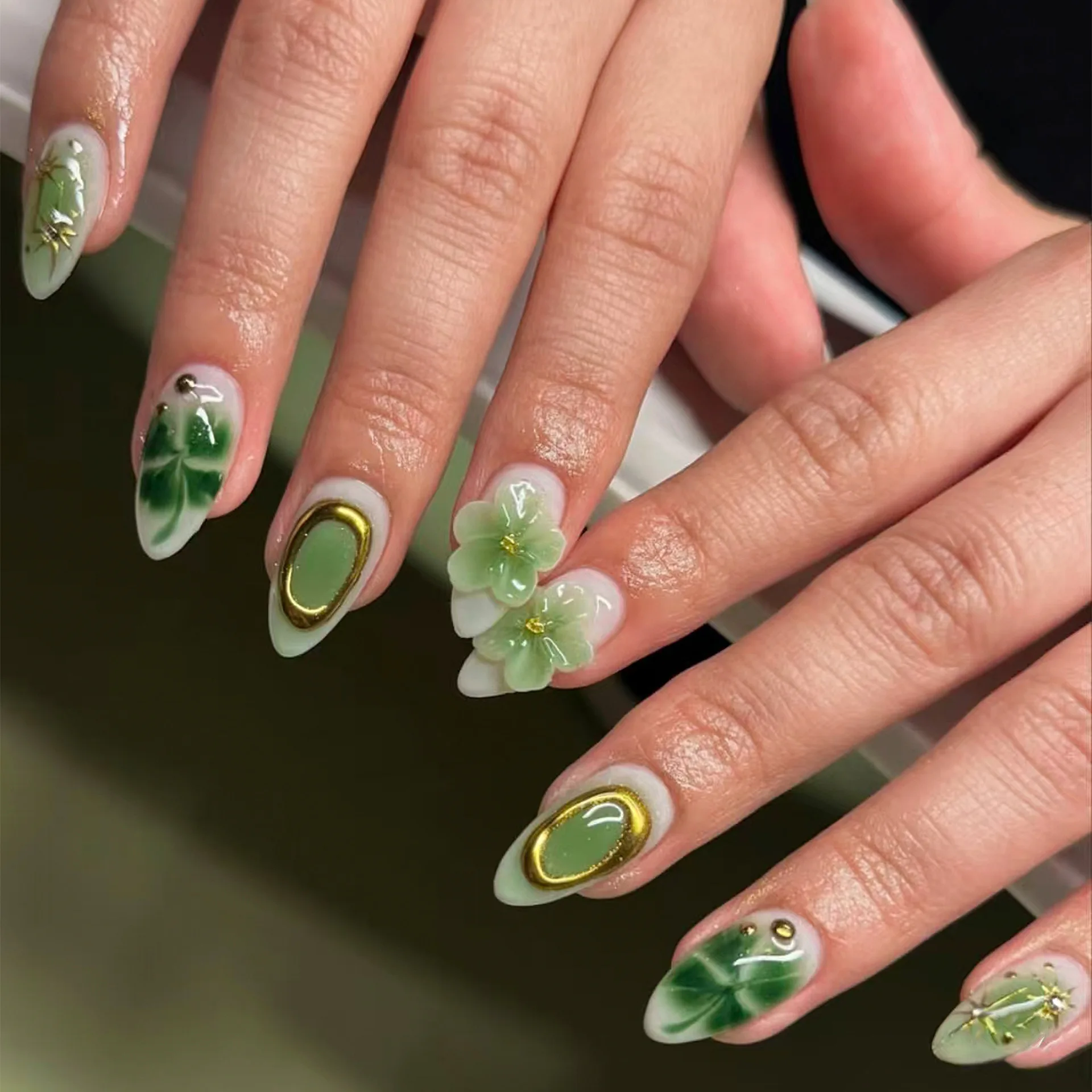 24PCS Pink Almond Press-On Nails with 3D Floral Design and Golden Pearl Accent